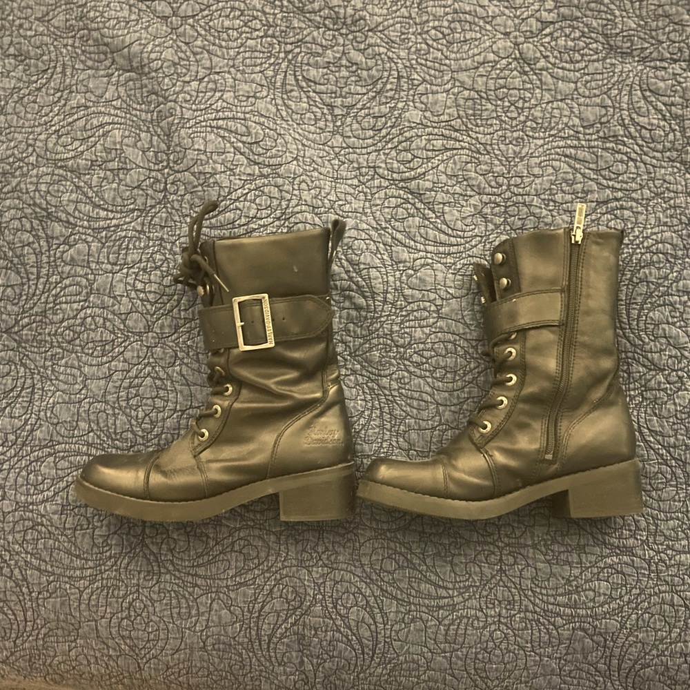 Harley Davidson black leather biker boots.